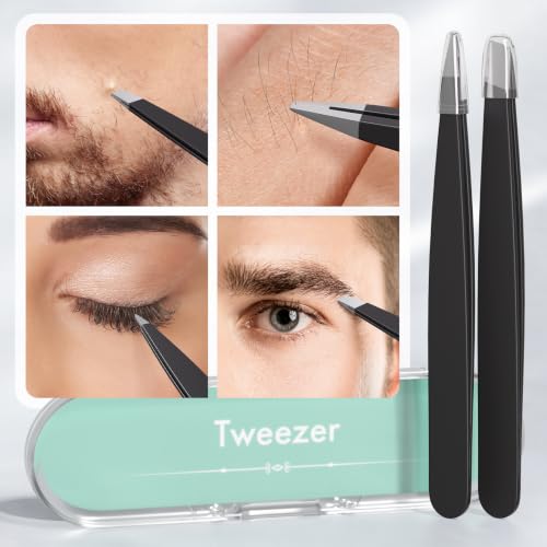 Black 2 Pack Eyebrow Tweezers Set - Slant & Point Tips for Precision Grooming