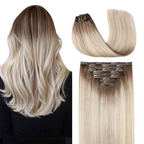 COOKAYU Clip in Hair Extensions Real Human Hair, 8/60/18 Ombre Real Hair Extensions Clip in Human Hair, Thick Silky Straight, 22inch 120g 7Pcs