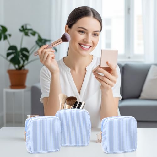 Sanwuta Seersucker Makeup Bag 6-Pack, Light Blue Striped