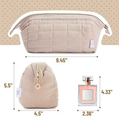 Ms. pen- Aesthetic Quilted Makeup Bag for Women, Beige, Puffy Padded Cute Makeup Bag Cute, Cosmetic Pouch, Quilted Pouch