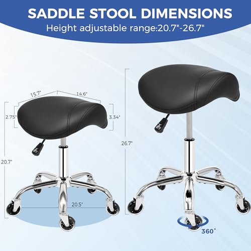 Ergonomic Saddle Stool with Wheels - Thick Wide Seat, Adjustable Height, Black