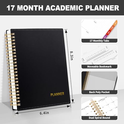 SUNEE 17 Month Academic Planner 2024-2025 Weekly and Monthly - from August 2024 - December 2025, 6.4"x8.3" School Year Daily Planner with Monthly Tab, Flexible Cover, Note Page, Pocket, Bookmark,Black