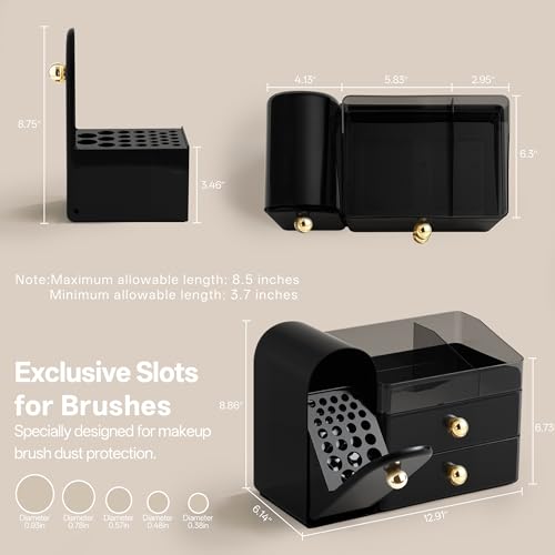 HBlife Makeup Organizer with Drawers & Brush Holder - Black & Gold