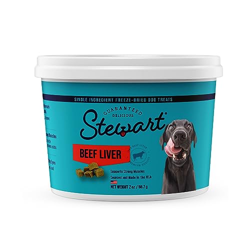 Stewart Freeze Dried Dog Treats, Beef Liver, 2 oz, Grain Free & Gluten Free, Resealable Tub, Single Ingredient, Training Treat in Beef Liver, Salmon, Chicken Liver & Chicken Breast 4, 14, 21 oz