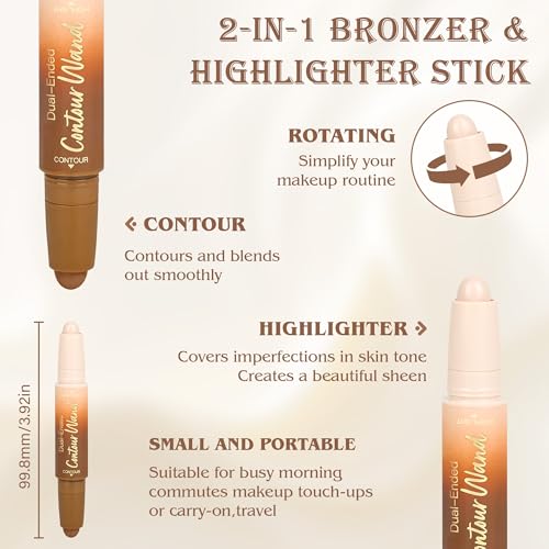 Contour Highlighter Stick£¬2-in-1 Dual-Ended Cream Bronzer & Highlighter Sticks Pen for Face Body Contouring Makeup- Buildable£¬Waterproof, Easy to Apply Suitable for Beginners£¬01Nuetral Nude + Beige
