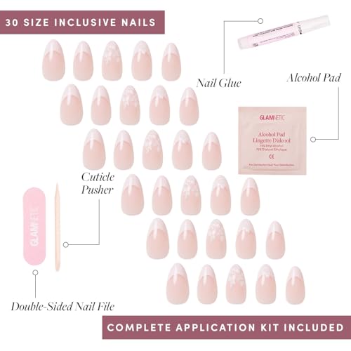 Glamnetic Press On Nails & Brush On Nail Glue Bundle - All Time Love | Short Almond Fake Nails with French Tips and Leaf Accents | 15 Sizes - 30 Nail Kit with Glue | Reusable, Salon-Quality Fake Nail