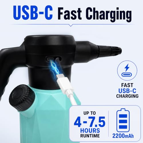 SYITCUN 1/2 Gallon Battery Powered Electric Spray Bottle with 2200mAh Battery, 3 Speeds, 2 Nozzles, Flexible Wand, Transparent Tank, Blue