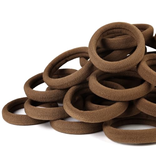 50PCS No Damage Hair Ties for Women, Cotton Elastic Hair Bands, Soft Ponytail Holders, Large Pony Tails Hair Ties, Brown, 2 Inch in Diameter, by Qarwayoc