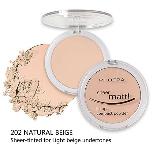 AQUAPURITY - PHOERA Sheer Matte Fixing Powder Makeup Base Fixer Setting Powder Foundation Fixing Compact Pressed Powder Long Lasting Make Up Fixer Skin Vitamin E Beauty Blender (202 Natural Beige¡¦)