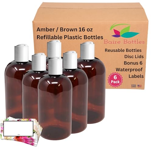 16 oz Refillable Plastic Bottles with Disc Lids - 6 Pack with Waterproof Labels - Organize Soap, Shampoo, Lotion - PET, Lightweight, BPA Free (Amber/Brown, White Disc, Floral Labels)