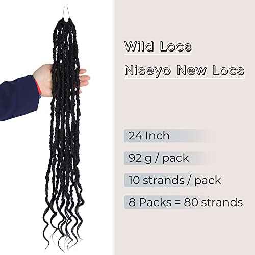 Niseyo Wild Locs 24 Inch Distressed New Faux Locs with Curly Ends 8 Packs Long Soft Pre-looped Goddess Crochet Hair (1B, Natural Black)