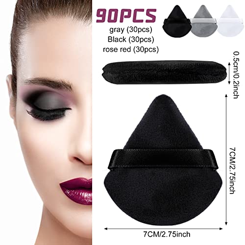 Meanplan 90 Pcs Powder Puff Face Soft Triangle Makeup Puff Sponges Setting with Strap Makeup Blenders and Sponges Cosmetic Foundation Make up Tool for Loose Body(Black, White, Gray)