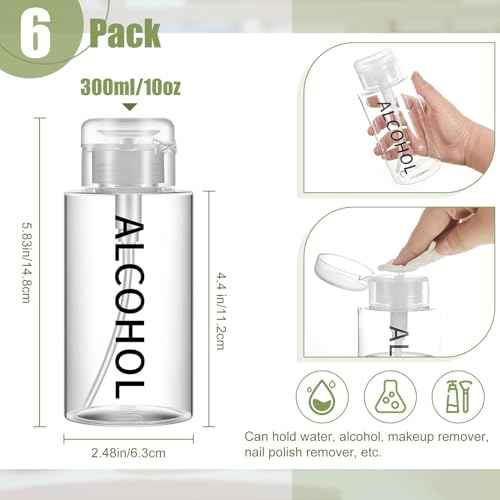 Layhit 6 Pcs 10 oz Alcohol Pump Dispenser Bottle Alcohol Push Down Liquid Dispenser Empty Pumping Bottle Refillable Cosmetic Container for Personal, Salon, Nail Care, Hospital Use (Black)