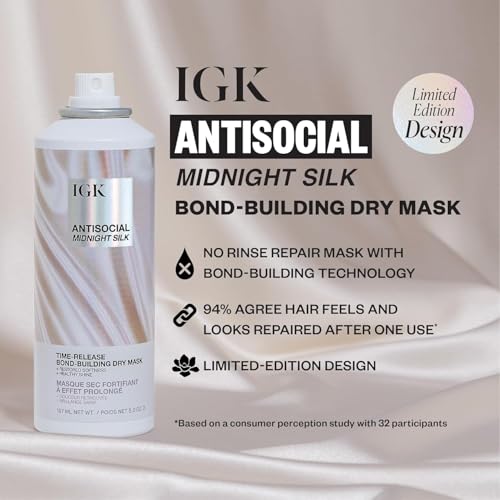 IGK Hair Treatment Full Size Set | Antisocial Dry Hair Mask + Good Behavior Spirulina Spray | Overnight Bond-Building + Keratin Like Smoothing Spray | Set of 2 - New and Improved Scent