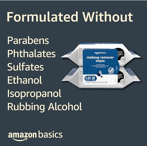 Amazon Basics Makeup Remover Wipes 2-Pack, Gentle & Waterproof Makeup Remover, 25 Count Each
