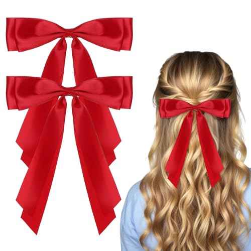 cobee 2 Pcs Red Hair Bow, Bow for Hair Satin Bows Hair Ties, Large Double Satin Ribbon Hair Clips Red Accessories for Holiday Party Women Girls Ponytail Holder