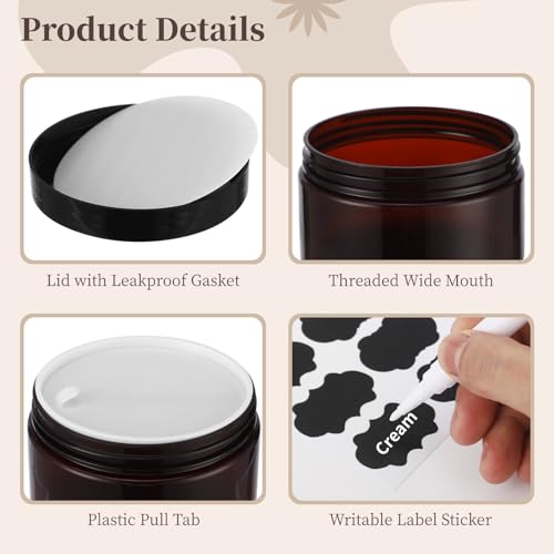 30 PCS 8 oz Plastic Lotion Containers with Lids, Refillable Amber Cosmetic Jar with Leakproof Gasket & Inner Pull Tab, Empty Round Sample Container for Cream Lotion Body Butter Makeup Travel Storage