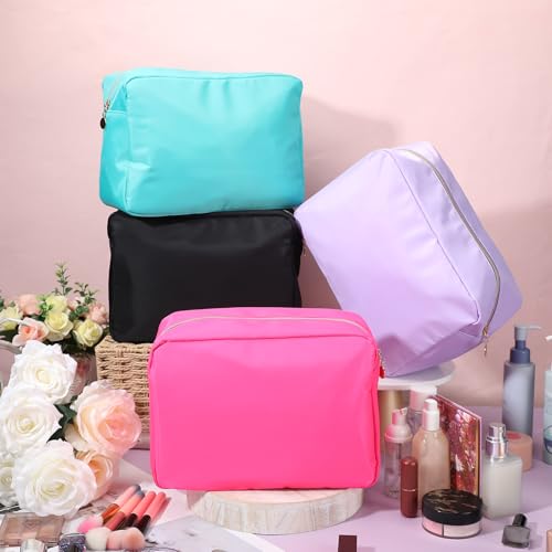 Hushee 4 Pcs Nylon Makeup Bag Travel Makeup Bags for Women Preppy Zipper Pouch Nylon Toiletry Bag Waterproof Storage Organizer(Large,Black, Fuchsia, Mint, Grape)