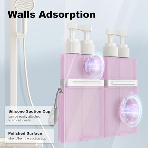 YOTIME 4 in 1 Travel Dispenser Bottle, Vacuum Silicone Suction Cup for Smooth Walls, TSA Approved Leak Proof Travel Size Containers for Toiletries, Shampoo, Body Wash and Conditioner, Pink