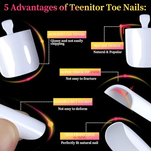 Square White Press On Toenails Kit, 15 Sizes with Glue