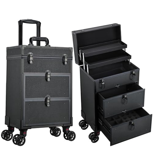 Rolling Makeup Train Case with 2 Drawers & Lockable Trays