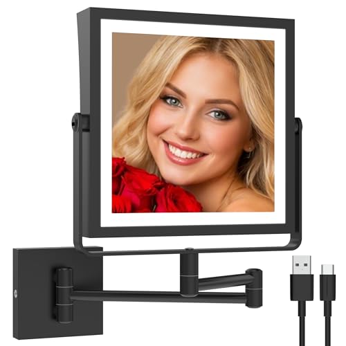 Ruacq Rechargeable Wall Mounted Makeup Mirror with Lights, Double Sided 1X/10X Magnifying Vanity Mirror with 3 Color Lighting, Touch Screen Dimmable, 360¡Æ Rotation Extension Foldable Arm(Matte Black)