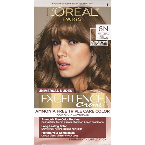 L’Oréal Paris Excellence Universal Nudes Permanent Hair Color, Ammonia Free Hair Dye for Gray Hair Coverage, 6N Natural Light Brown, 1 Hair Dye Kit