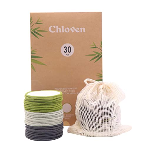 Chloven 30 Pack Reusable Makeup Remover Pads - Bamboo Cotton Rounds for Toner, Washable, Eco-Friendly for All Skin Types with Cotton Laundry Bag