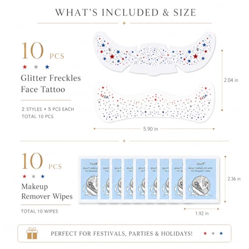 Patriotic Glitter Freckle Tattoos - 10pc Kit + Remover Wipes