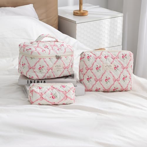 3Pcs Large Quilted Makeup Bag for Women and Girls, Cute Coquette Floral Cotton Cosmetic Bag, Aesthetic Travel Organized Toiletry Bags (3Pcs Pink Bows)