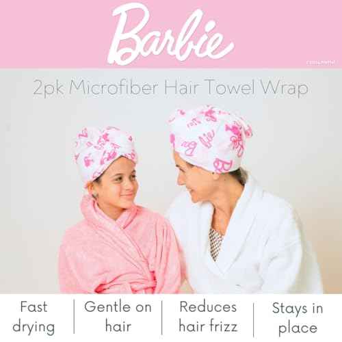 Franco Barbie 2-Pack Microfiber Hair Towel Wrap Turban for Bath/Beauty/Travel for Straight, Wavy & Curly Hair (Officially Licensed Product)