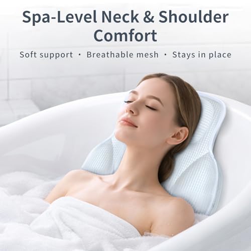 Luxury Bath Pillows for Tub with 4D Mesh Fabric - Thick and Soft Ergonomic Head Neck Back Support, Quick-Drying White Bath Pillows with Anti-Slip Suction Cups, Spa Gift for Adults and Seniors