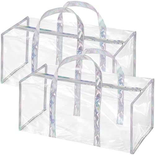 Lyellfe 2 Pack Clear Duffle Bag for Women, Heavy Duty Sports Tote Gym Bags, Large PVC Tote with Zipper, Plastic Makeup Toiletry for Gym, Travel, Beach and Picnic