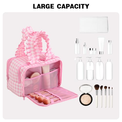 Travel Toiletry Bag for Women - Water-Resistant Gingham Makeup Organizer