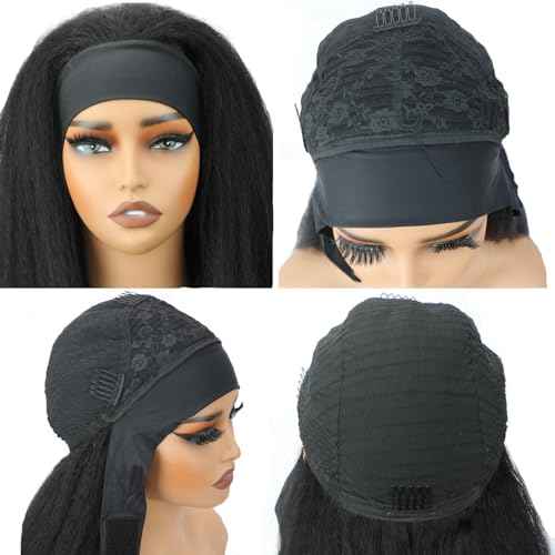 Kinky Straight Headband Wig 22 Inch Human Hair Headband Wigs for Black Women Glueless Yaki Straight Human Hair Headband Wigs Natural Black color