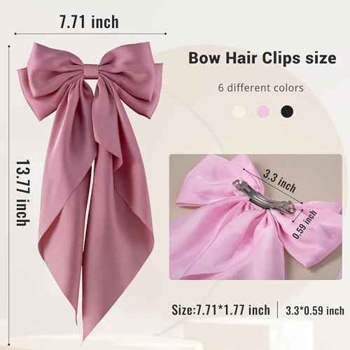 6Pcs Large Bows Hair Clips for Women Girls Long Tail Hair Ribbon Silky Satin Barrettes Coquette Bows Accessories (Black/Pink/Red/White)