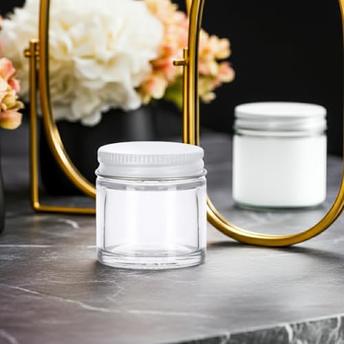 (6 pack) 1 oz / 30 ml Clear Thick Glass Straight Sided Jar with White Metal Airtight Lid