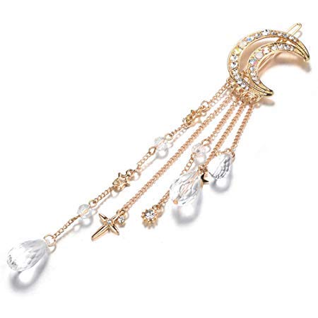 Romantic Crescent Moon Star Crystal Dangle Hairpin Rhinestone Beads Hair Clips Bridal Jewelry Tassel Drop Hair Pins Bobby Pins For Women Girls Hair Accessories (Rose Gold)