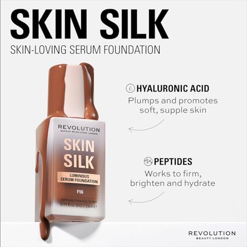 Revolution Skin Silk Radiant Satin Serum Foundation, Lightweight, Buildable Coverage with Hydrating Hyaluronic Acid for a Natural Finish, Vegan & Cruelty-Free, F4 Light Skin Tones, 0.77 fl oz