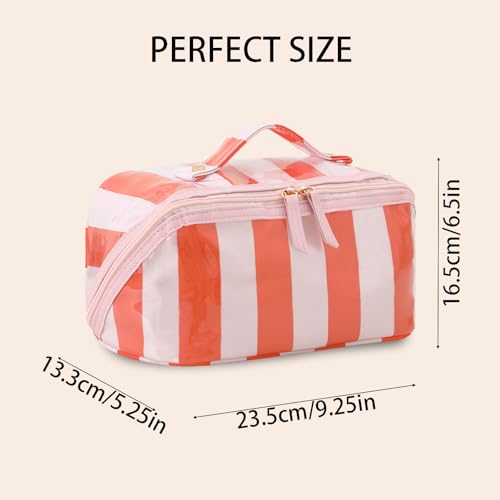 DYSHAYEN Stripe Travel Makeup Bag with Compartments Clear Coated Cosmetic Bag for Women, Waterproof Portable Open Flat Toiletry bag £¨Pink-Orange£©