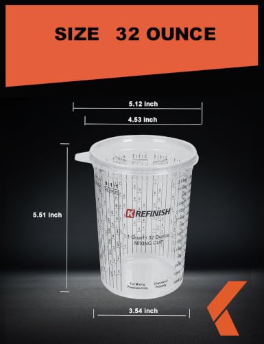 KREFINISH 32 Oz Clear Plastic Mixing Cups with Lids - Disposable & Reusable for Epoxy, Paint, Resin, Automotive, Art Projects (Box of 24 + 4 Lids)