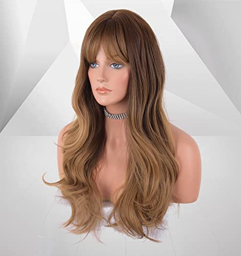 LANOVA Brown Wig with Bangs, Brunette Wig with Bangs, Honey Brown Synthetic Curly Wigs for Women, Long Brown Wigs with Fringe, Loose Curly Wigs 26 inch LANOVA-162