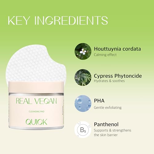 REAL VEGAN QUICK CLEANSING PAD ? Gentle Makeup Remover, Deep Pore Cleansing, Soothing & Moisturizing Formula, Hypoallergenic, Ideal for Sensitive Skin ? 50counts