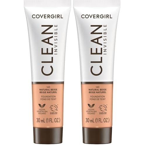 COVERGIRL Clean Invisible Foundation Makeup, Dewy & Glowy Finish, Buildable Coverage, Skin-Like Smooth Look, Vegan, Natural Beige, 1oz (Pack of 2)