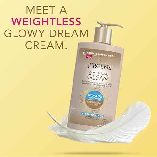 Jergens Natural Glow Hydra Gel Moisturizer, Hyaluronic Acid Tanning Lotion, Hydrating Tanning Gel, Fragrance-Free Self Tanner, Fair to Medium Skin Tones, 8.3 Fl Oz
