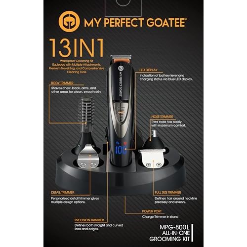 My Perfect Goatee¢ç? 13-in-1 Mens Grooming Kit - LED Display Beard Trimming Kit with Travel Bag, Charging Stand, & More - Waterproof, Cordless Electric Trimmer for Nose, Body, & More ? Ideal Gift Set