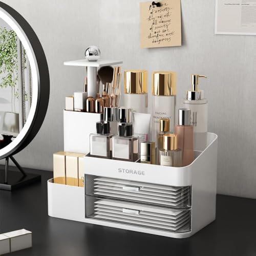 Large Makeup Organizer Countertop with Brush Holder, Make Up Organizer with Drawers, Countertop Makeup Organizers for Vanity, Multi-Functional Makeup Storage Organizer for Skincare, White