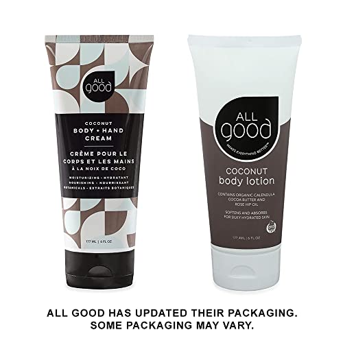 All Good Hand & Body Lotion - Moisturizing Organic Lotion, Essential Oils, Calendula, Cocoa Butter, Coconut & Rose Hip Oil, Non GMO, Vegan (3-Pack)(Coconut)