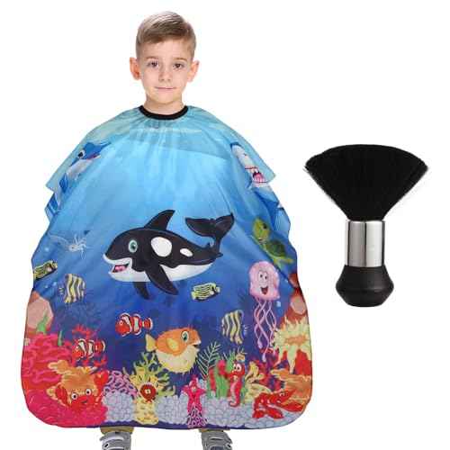 Kids Barber Cape with Neck Duster Brush, Professional Salon Hair Cutting Cape with Adjustable Snap Closure(Cartoon Sea Animals)