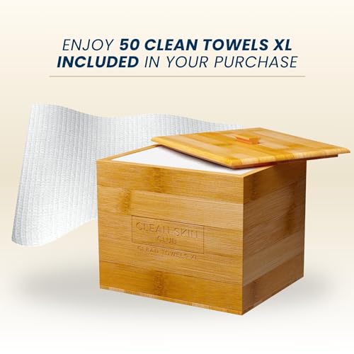 Clean Skin Club Luxe Bamboo container with Removable Cover includes Clean Towels¢ç Original XL 50 Count, Disposable Face Towel Holder for Bathroom Counter